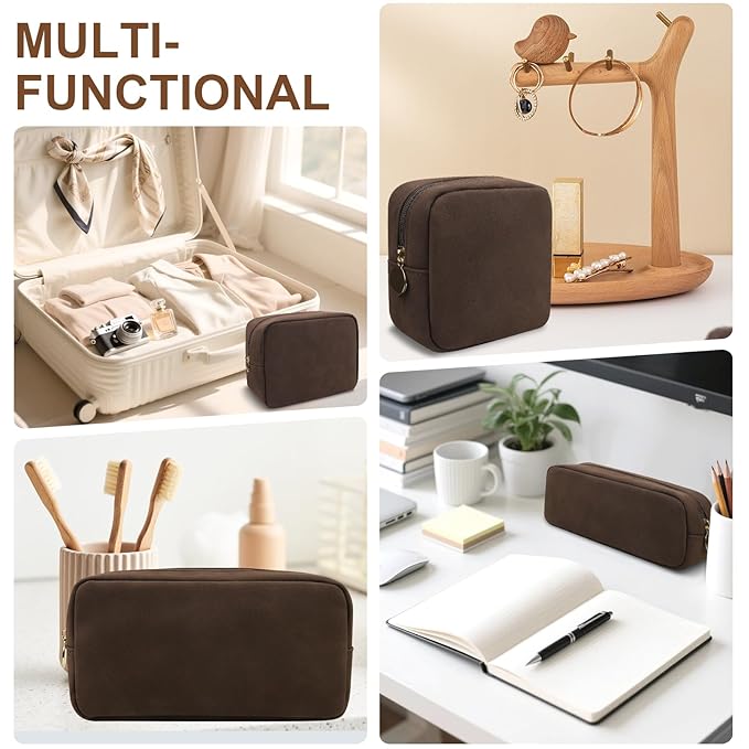 UIXIZQ Waterproof Mini Makeup Bag for Purse,Small Cosmetic Pouch Suede Travel Toiletry Organizers Bag for Women Girls,Cute Zipper Preppy Coin Purse Sanitary Napkin Storage Bag for Work(Mini-Coffee)