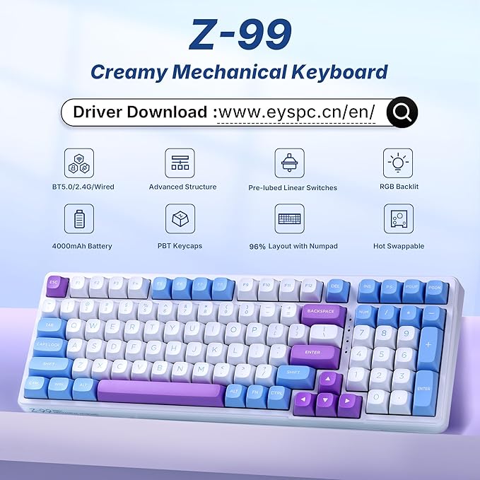 E-YOOSO Z-99 Wireless Mechanical Keyboard with Number Pad, Tri-Mode BT5.0/2.4GHz/USB-C, Hot Swappable Linear Switches, 99 Keys, RGB Backlit Creamy Gaming Keyboard for Laptop/PC/Mac