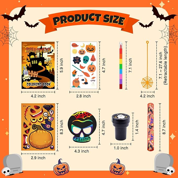 Halloween Party Favors, Halloween Coloring Books with Crayons School Exchanging Gifts Tattoo DIY Sticker Stampers Paper Crafts Slap Bracelets Sticky Hands Halloween Class Treat Prizes 96 PCS