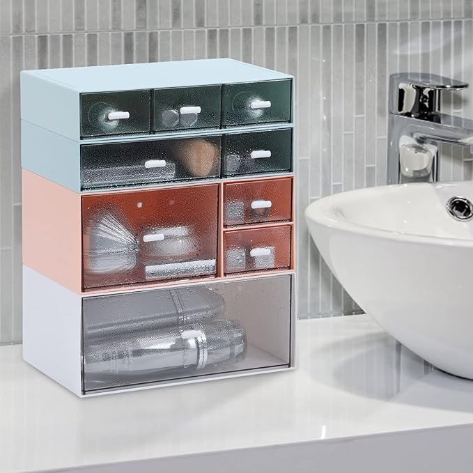 Desk Craft Organizer and Storage with 7 Flat Drawers, Stackable Plastic Desktop Accessories & Workspace Organizer for Office Stationary, Makeup Skincare, Sanitation Supplies, White