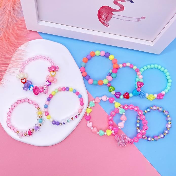 9 PCS Cute Kids Bracelets for Girls Pink LOVE Beaded Bracelets Little Girls Costume Jewelry Princess Party Favors Pretend Play Birthday Easter Christmas Valentines Toddler Jewelry