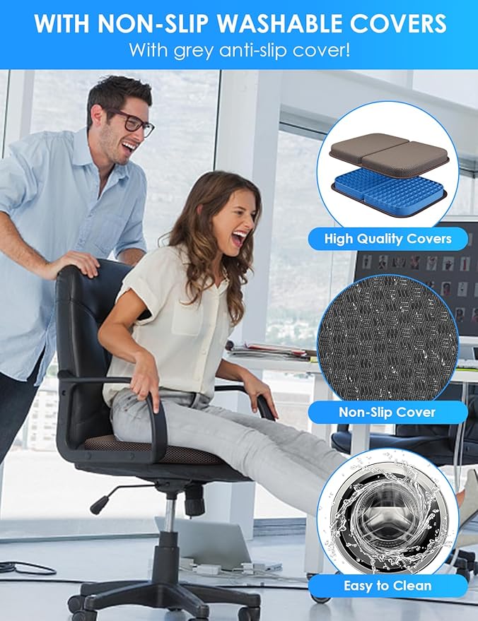 WISIMMALL Gel Seat Cushion Portable Massage Travel Cushions, 14.5" x 10.5" Thick Foldable Seat Cushion for Car Office Chair Wheelchair Hip, Coccyx, Sciatica, Pressure Sores Tailbone Pain Relief