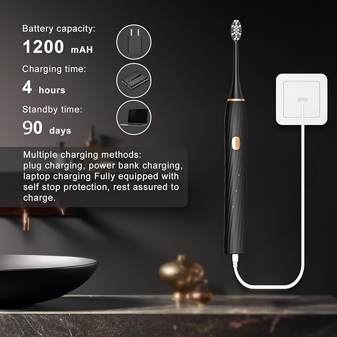 Electric Toothbrush for Adults and Kids, Sonic Electric Toothbrush, 4 Modes and 2 Minute Timer, 30000-45000VPM Power Toothbrush, IPX8, One Charge for 90 days 8 Replacement Head, Christmas Gift (Black)