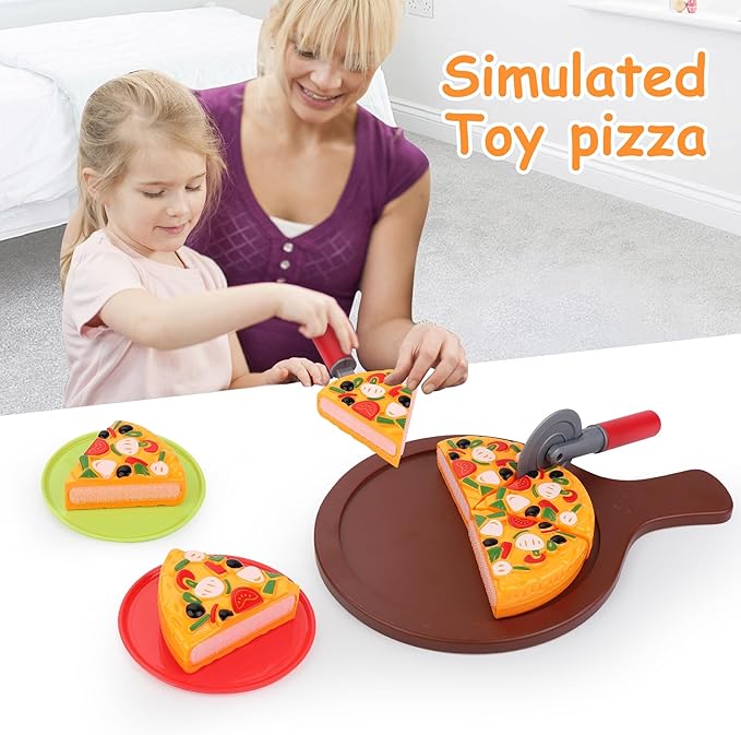15-Piece Pizza Party Play Set for Kids - Realistic Pizza Pie Pretend Play Food Kit - Slice and Serve Plastic Kitchen Cooking and Cutting Playset