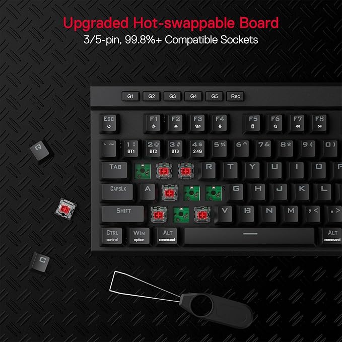 Redragon K580 PRO Wireless RGB Gaming Keyboard, 3-Modes 104 Keys Mechanical Keyboard w/Hot-Swap Socket, Dedicated Media Controls & Onboard Macro Recording, Linear Red Switch