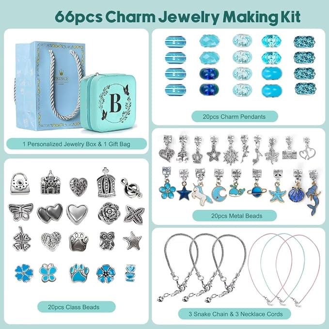 Charm Bracelet Making Kit, Kid Jewelry Making Kit for Girls 8-12, Unicorn Craft Kits for Teen Girls Toys Ages 3-10 Years Old Girl Gifts Trendy Stuff Birthday Christmas Gift with Initial Jewelry Box- B