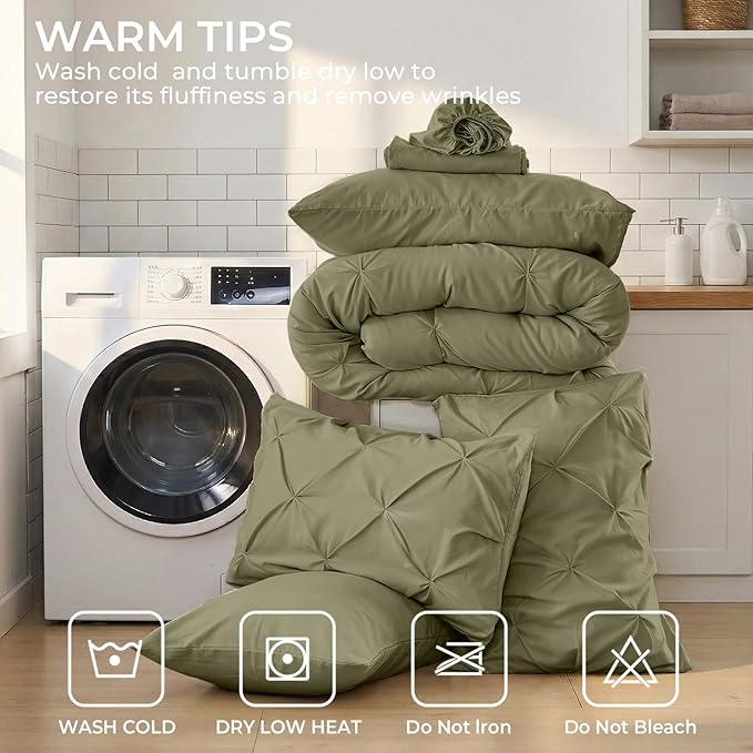 Sasttie California King Comforter Set, 7-Piece Bed in a Bag, Pintuck Bedding Sets for All Season, Includes Comforter, Flat Sheet, Fitted Sheet, Pillowcases and Pillowshams, Olive Green