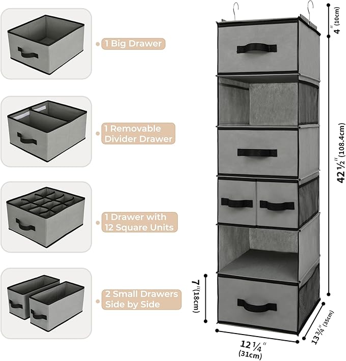GRANNY SAYS Hanging Closet Organizer 6 Shelves, Closet Organizers and Storage with 5 Drawers, 6 Side Pockets Closet Hanging Organizer, Hanging Storage Organizer for Closet, Baby Clothes, Gray