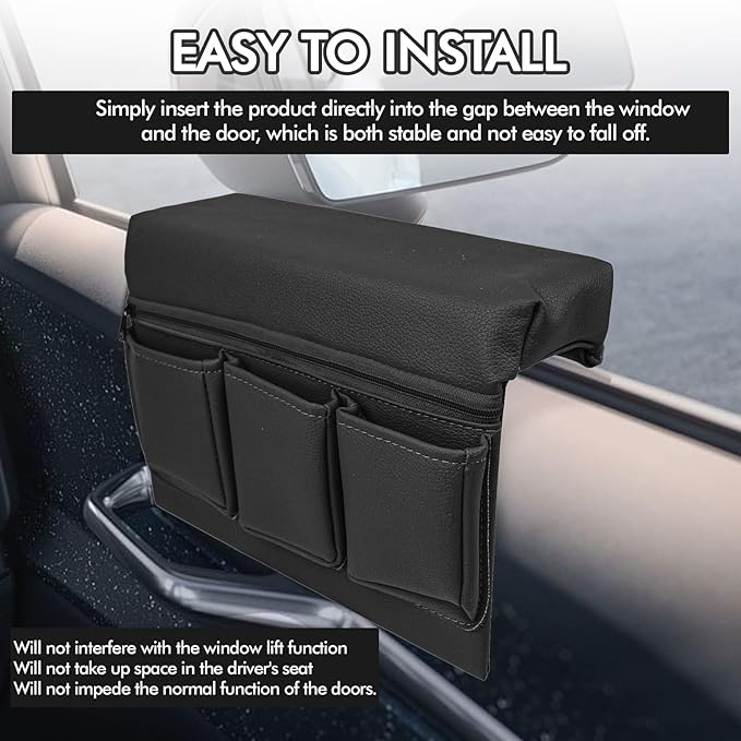 wuyaoyao Car Window Armrest Storage Box, Leather Automotive Door Side Storage Bag & Elbow Rest Pad, Multifunctional Vehicle Door Arm Rest Pad with Pockets, Universal Interior Car Accessories (Black)