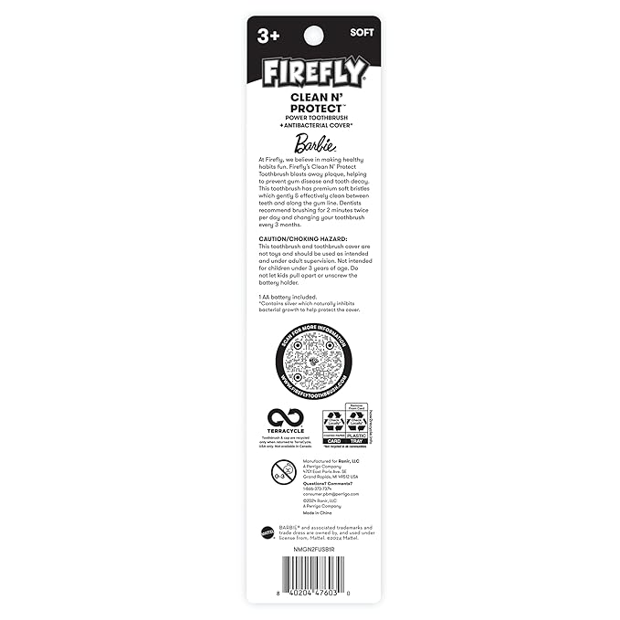 Firefly Clean N' Protect Barbie Toothbrush with Antibacterial Cover, Soft Bristles, Battery Included, Ages 3+, 1 Count