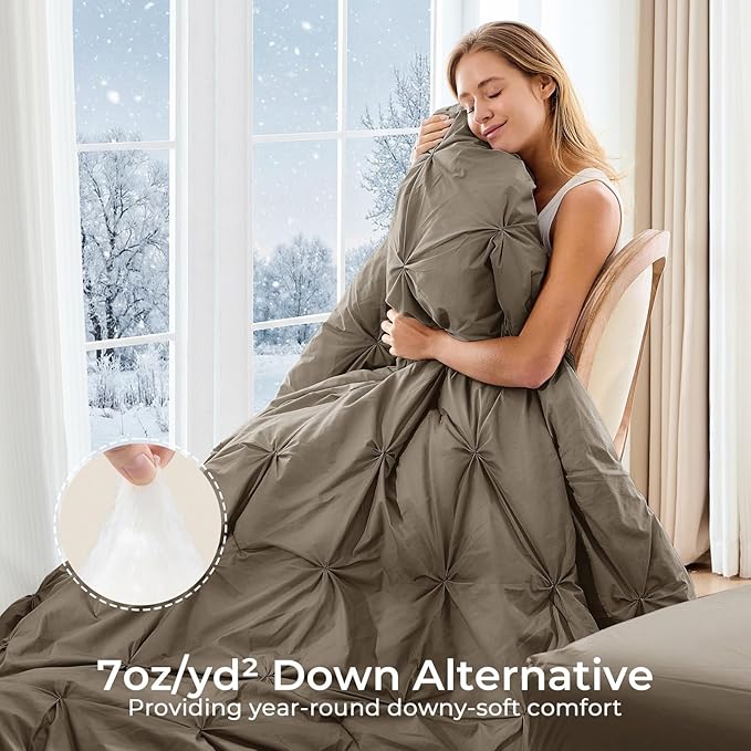 Sasttie Twin XL Comforter Set, 5-Piece Bed in a Bag, Pintuck Bedding Sets for All Season, Includes Comforter, Flat Sheet, Fitted Sheet, Pillowcase and Pillowsham, Brown