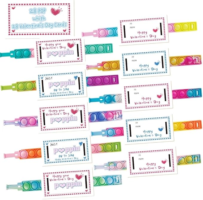 28PCS Valentines Cards with Pop Bracelets Fidget Toys, Bulk-Valentine's Day Gifts for Kids, Valentine Exchange Cards Gift for Classroom, School Party Favors for Kids, Valentine's Day Prize Toys