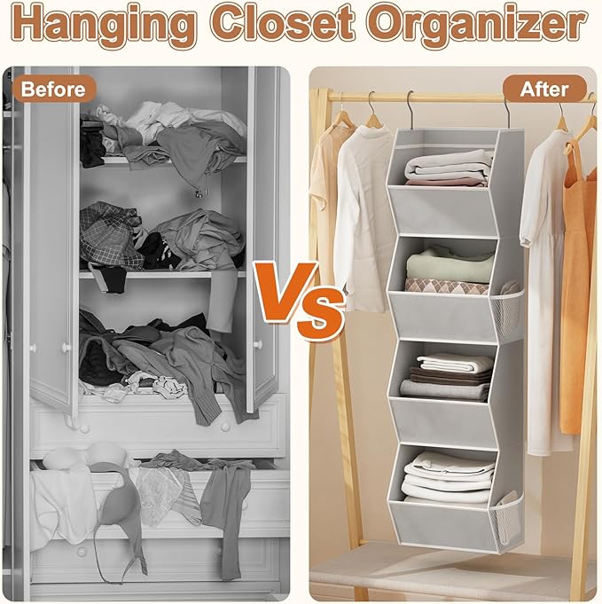 Hanging Closet Organizer 4 Shelf Collapsible Bedroom Closet Organizers and Storage Hanging with Mesh Pockets for Clothes, Fabric Hanging Storage Bins for Wardrobe Closet Organization and Storage, Grey