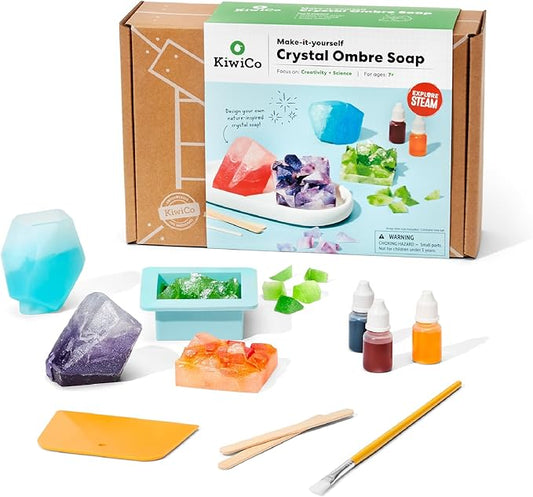 KiwiCo Crystal Geode Soapmaking Kit | Complete Set Includes Beaker, Clear Soap, Molds, Mixing Sticks, Mica Powder, Liquid Colors & More | DIY Soap Making Kit for Kids Ages 7+