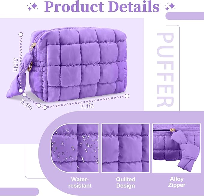 Puffer Quilted Makeup Bag Cosmetic Bags,Puffy Travel Toiletry Pouch for Women,Cute Checkered Zipper Bag Travel Essential,Portable Aesthetic Make up Organizer Bag for Gifts Work Daily(Purple,S)
