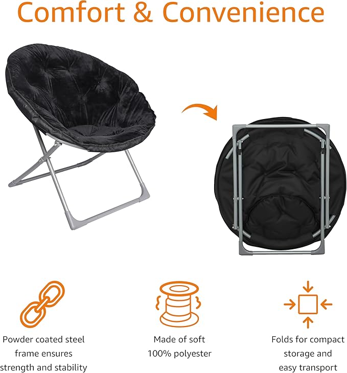 Amazon Basics Faux Fur Saucer Shaped Chair with Metal Frame Black 27.2"D x 32.3"W x 32.3"H