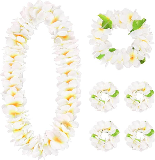 HOBBY HORSE 6 Pieces Hawaiian Luau Flower Leis Halloween Decor Leis White Necklaces Bracelets Headband Anklets Set Tropical Party Favor for Halloween Cosplay Beach Wedding Birthday Party Supplies