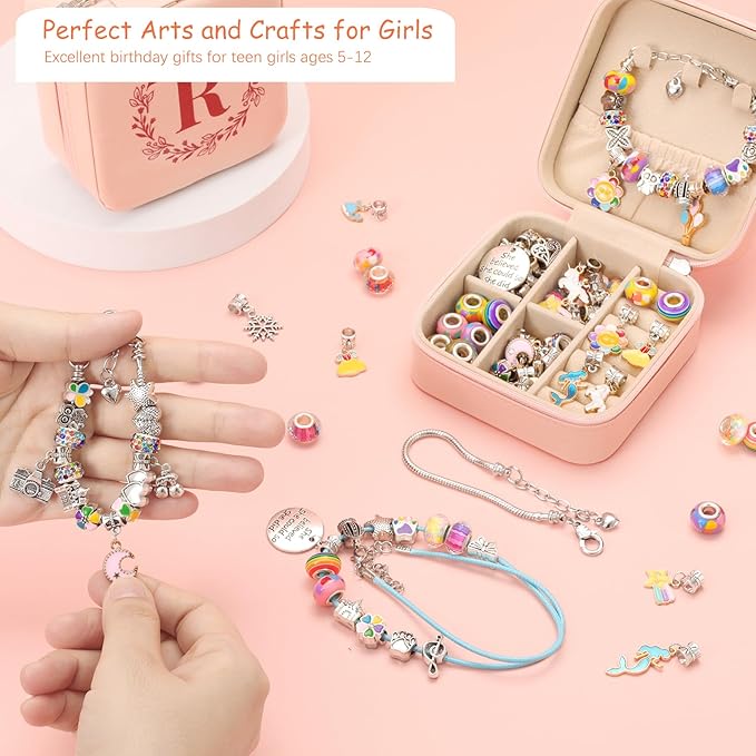 Charm Bracelet Making Kit for Girls 3-12, Kids Jewelry Making Kit 66Pcs Jewelry Kits for Girls Ages 8-12 Jewelry Maker Craft Necklace Birthday Christmas Gifts with Initial Jewelry Organizer Box - T
