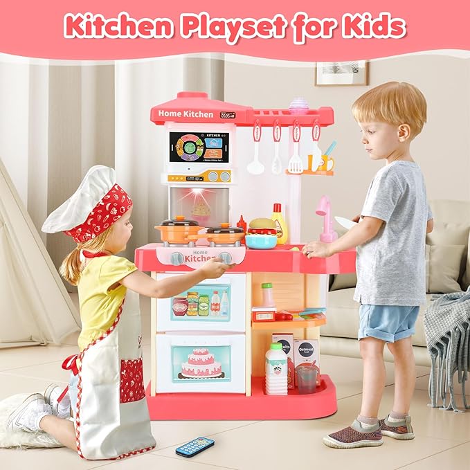 Kids Kitchen Playset, Toy Kitchen Set with Light, Music, Sink and Play Food Kitchen Accessories, Pretend Play Kitchen for Toddler 3-5