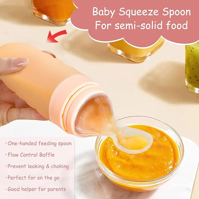 WAJIAYON Baby Food Feeder 4 Pack Silicone Baby Food Dispensing Spoon-3 oz Squeeze Feeding Spoons with Suction Cup for Boys Girl Kids Toddlers - Self Feeding Bottle Spoon-Sakura Pink