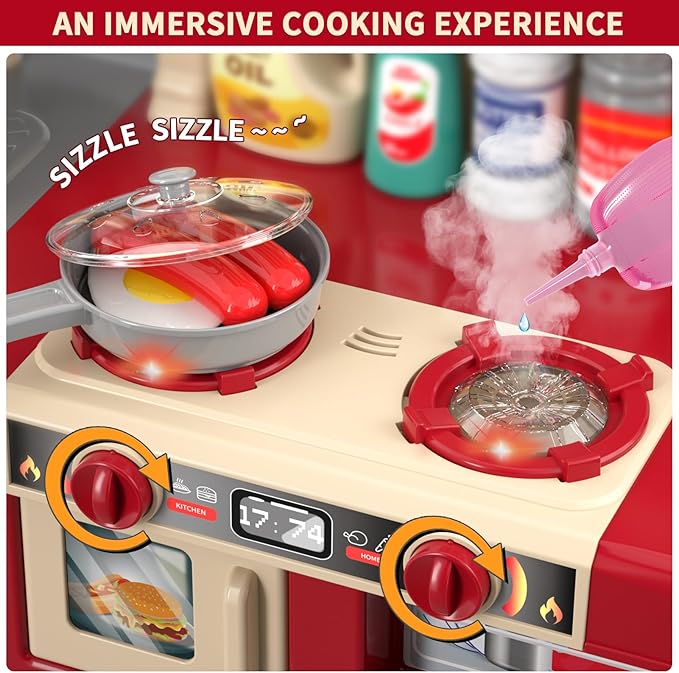 Kids Kitchen Playset for Toddlers Girls, Toy Kitchen Sets Pretend Play Food Toys for Kids Girls Ages 3 4 5 6 7 8, with Light Sound Spray