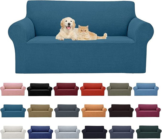 2025 New Stretch Loveseat Sofa Slipcovers Couch Cover for 2 Cushion Furniture Protector Sofa Covers with Elastic Bottom Jacquard Fabric Small Checks for Pets, Kids - Peacock Blue