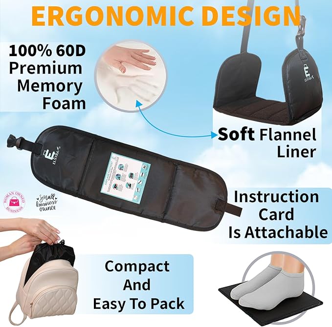 ELSTRA Luxury Airplane Foot Hammock - Removable Base & 60D Premium Memory Foam Footrest for Travel, Office, Gaming & Train - No Foot Clashing, Adjustable, Waterproof, Pouch + Stick-On Guide Included