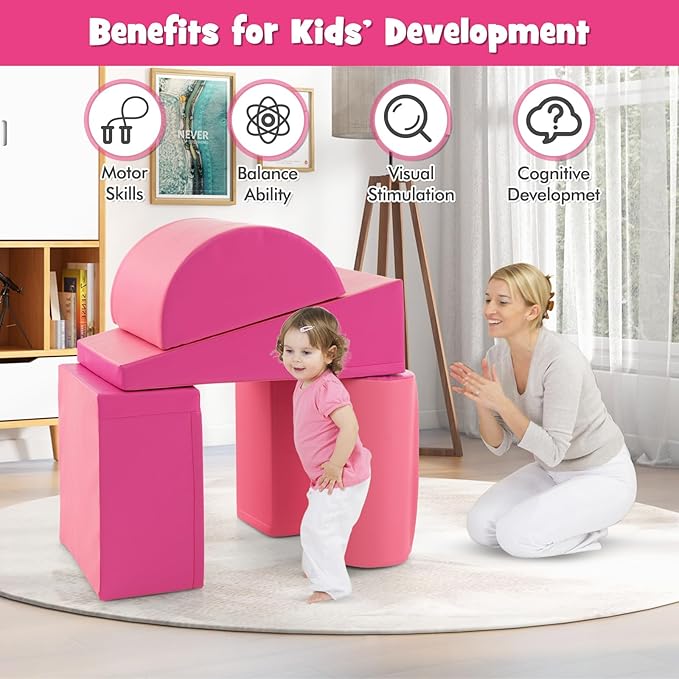 HONEY JOY 5-Piece Climb and Crawl Playset, Soft Climbing Foam Block Activity Play Structure Gym Equipment for Infant Baby, Color Coordination, Waterproof Indoor Climbing Toys for Toddlers (Pink)