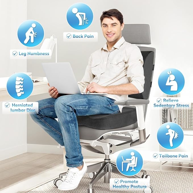 CloudBliss Seat Cushion,Office Chair Cushion,Car Seat Cushion,Lumbar Support Pillow for Office Chair,Back Support Memory Foam Pillow Coccyx Cushion for Tailbone Pain&Sciatica Pain Relief,Grey,X-Large