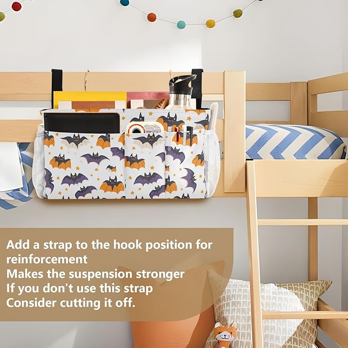 White Halloween Bats and Stars Bedside Caddy for Dorm Bed Bedside Hanging Caddy Bag Iron Frame Storage Organizer Pocket for Bunk Home College Hospital Beds 2 Hooks
