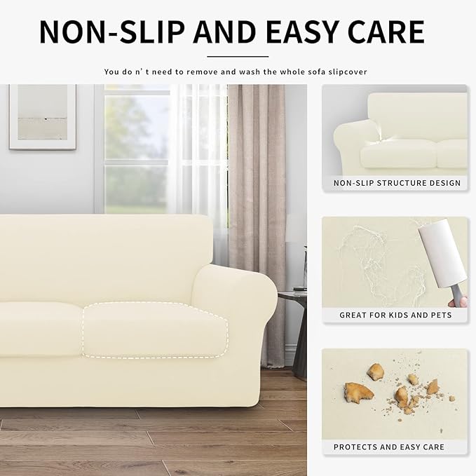Easy-Going 100% Dual Waterproof Stretch Soft Couch Cover for Dogs, Sofa Slipcover for 3 Separate Cushion Couch Leakproof Furniture Protector for Kids, Pets Ivory