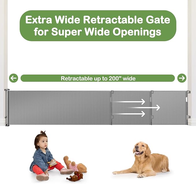 200 Inch Retractable Baby Gates Extra Wide Retractable Dog Gate for Super Wide Openings Indoor Extra Wide Baby Gate Outdoor Retractable Gates for Dogs Baby Fence Play Area Garage Gate Deck Gate, Gray