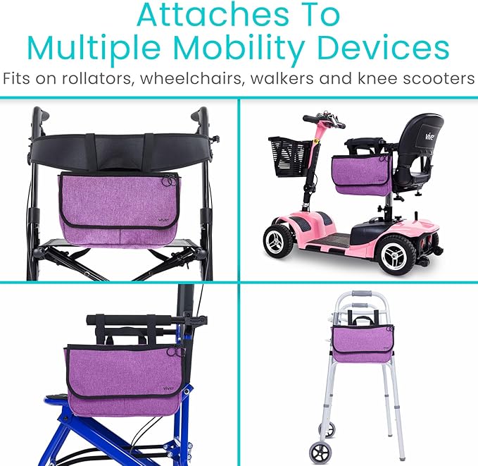 Vive Wheelchair Carry Bag - Arm Rest Pouch for Rollator, Walkers, Power Wheel Chairs and Knee Scooters - Side Storage Organizer for Elderly, Seniors, Adults (Purple)