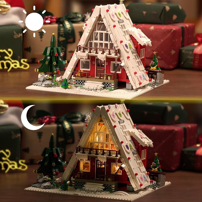 Christmas Art Log House Building Block Set with LED Lights, 2159 Pieces Christmas Toy Set, Christmas Scene, Santa Claus, Christmas Tree, Christmas Deer, for Adults, Boys and Girls
