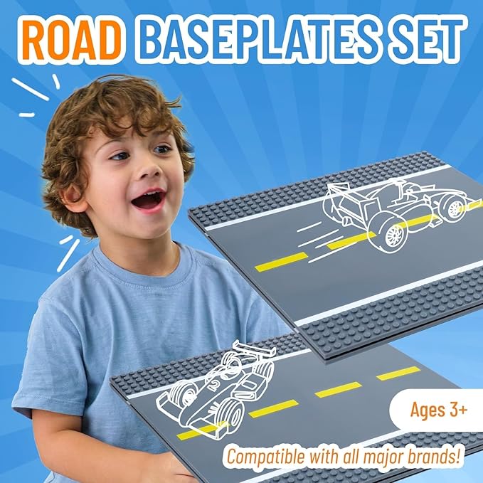 Strictly Briks Compatible with Lego Building Blocks Road Plates 10" x 10", 4 Pack Kids Brick Baseplates for City Road, Street, Race Track, Towns, Compatible with All Major Classic Brands