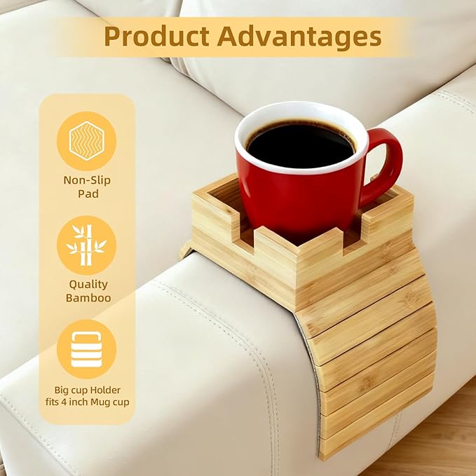 Bamboo Couch Cup Holder & Armrest Tray - Extend Your Comfort with a Secure Drink Slot and Snack Space for Recliner, Loveseat, or Sofa