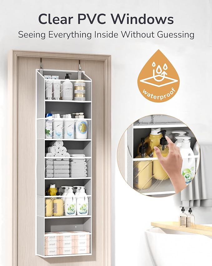 ULG Clear Over The Door Organizer 5-Tier Hanging Storage with 4 Side Pockets,Back of Door Organizer for Pantry, Bathroom, Nursery, Light Grey