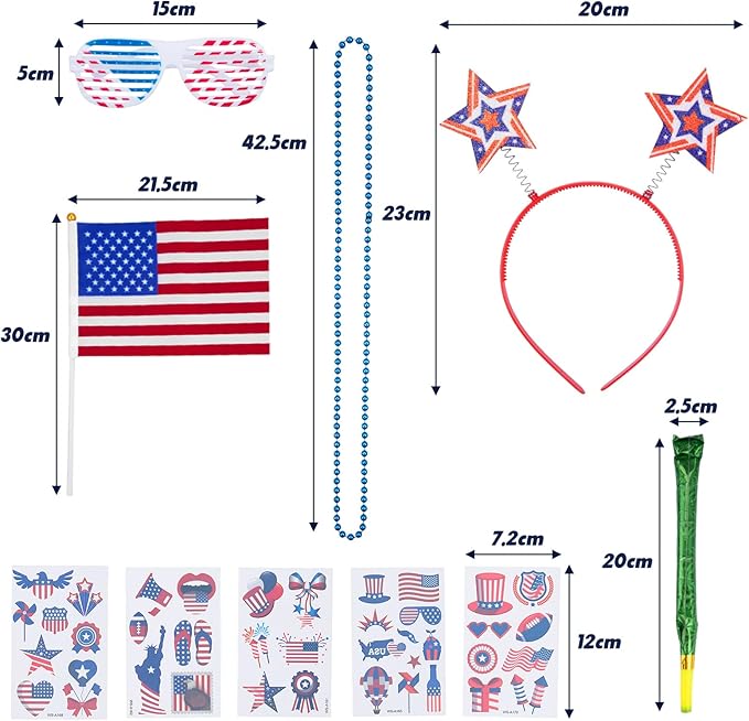 65-Piece 4th of July Party Supplies Set - Patriotic Headbands, Necklace, Shutter Shades, Flags, Tattoo Stickers
