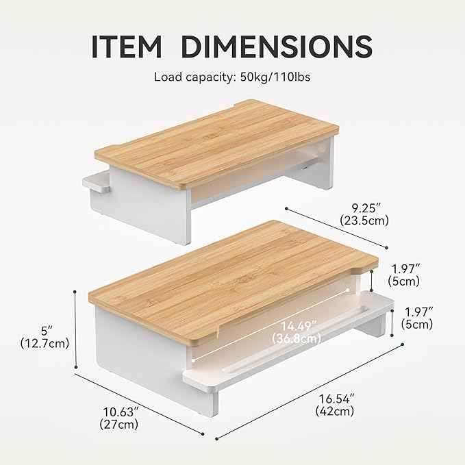 WELL WENG Monitor Stand Monitor Stand Riser for Desk,Wood Desk Shelf Storage Organizer with Phone Tablet Holder (16.5 Inch, White & Natural Bamboo)
