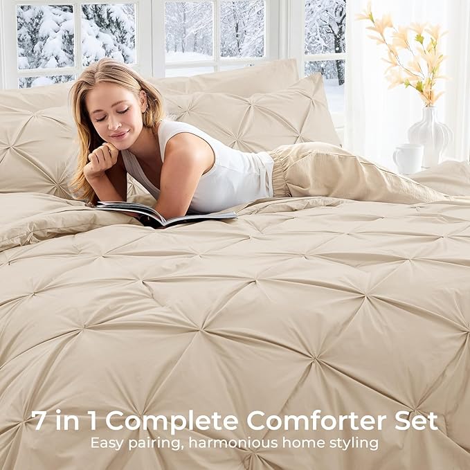 Sasttie Twin Comforter Set, 5-Piece Bed in a Bag, Pintuck Bedding Sets for All Season, Includes Comforter, Flat Sheet, Fitted Sheet, Pillowcase and Pillowsham, Warm Beige