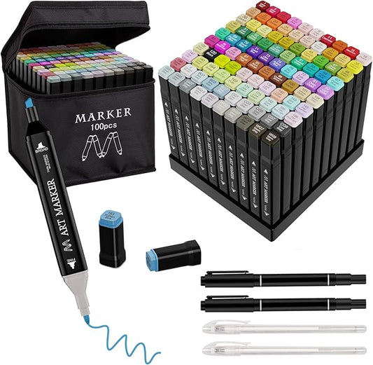 Alcohol Markers Set, 100 Colors Dual Tip Art Set for Kids Sketching Adult Coloring, Permanent Drawing With Case and Holders