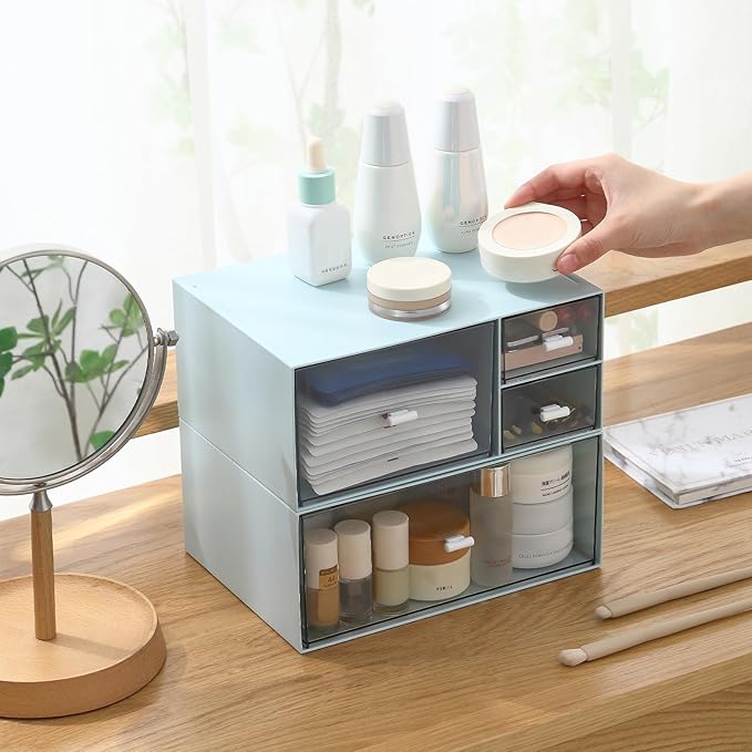Desk Organizer with 4 Drawers, Makeup Organizer, Plastic Sundries Storage, Vanity Organizer, Cosmetic Storage Organizer, Desk Storage Box, Bathroom Counter or Dresser, Blue (CD-QBH-02)