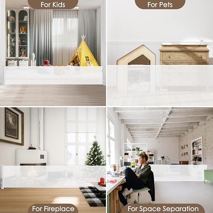 185 Inch Wide Retractable Baby Gates Outdoor Retractable Dog Gate Indoor Extra Long Baby Gate Retractable Pet Gate, Dog Gates for The House Extra Wide Baby Gate, Child Gates for Wide Openings, White