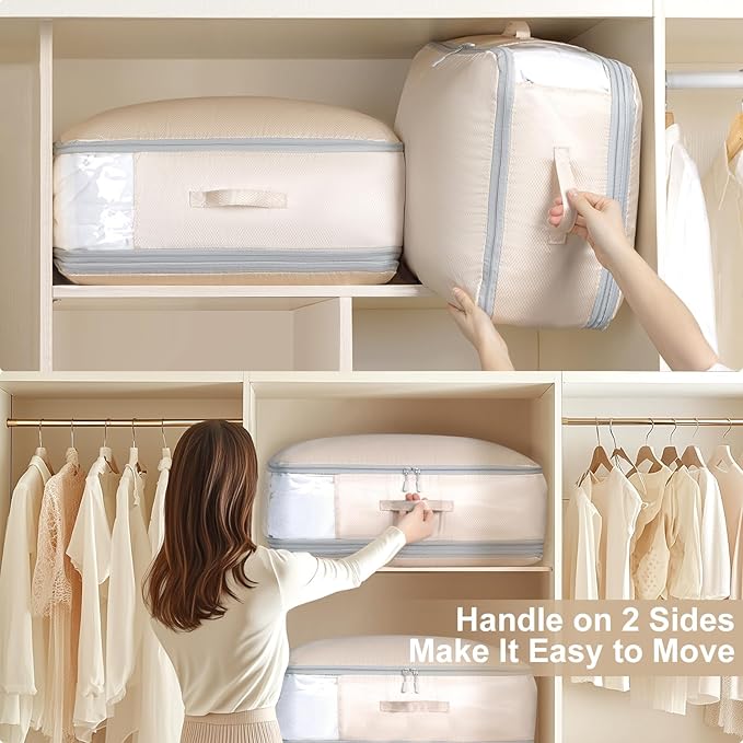 Comforter Storage Bag - Ultra Space Saving Self Compression Organizer 110L, Large Capacity Blanket Storage Bags, Washable Compression Bags for Storage 3 Pack, Beige