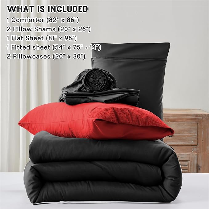 Anluoer Black and Red Full Comforter Set 7 Pieces, Bed in a Bag with Sheets, All Season Bedding Sets with 1 Comforter, 2 Pillow Shams, 2 Pillowcases, 1 Flat Sheet, 1 Fitted Sheet