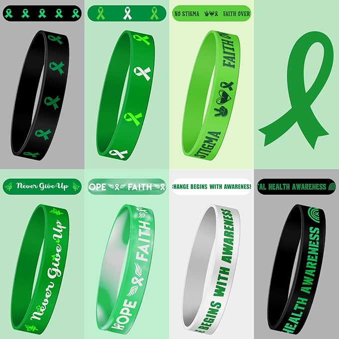 JUNEBRUSHS 42pcs Mental Health Awareness Silicone Wristband Bulk Green Ribbon Inspirational Rubber Bracelets for Mental Health Awareness Faith Courage Hope Party Favor Gift Supplies(7 Style)