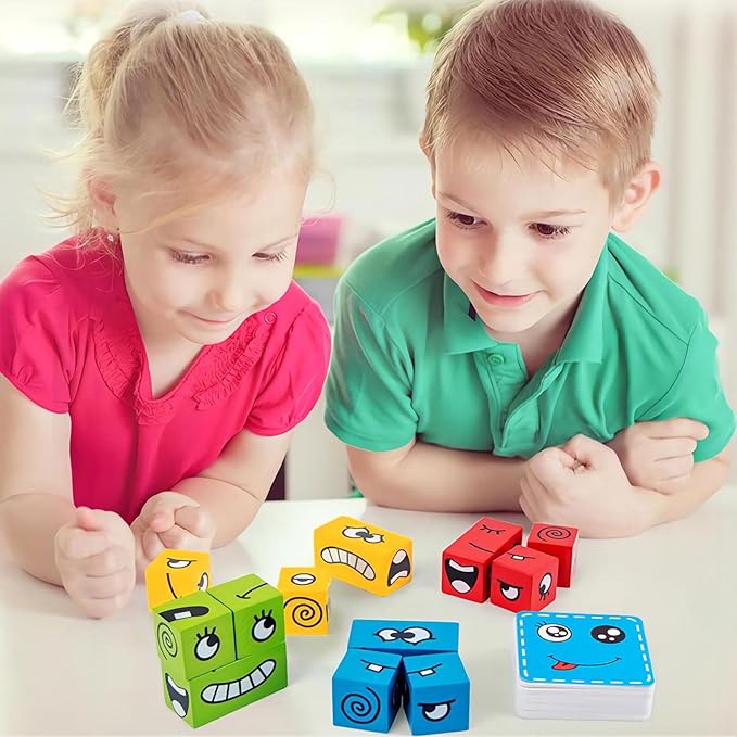 Face Changing Building Blocks Game, Wooden Expression of Face Change Magic Cube Educational Puzzles Toy Fidget Toys Cube Mini Board Game for Kids and Adults with 72 Cards (Large)