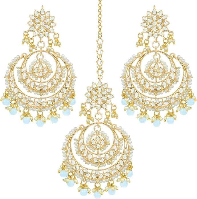 Aheli Bollywood Ethnic Chandbali Style Big Earrings Maang Tikka Set Traditional Fashion Jewelry Gift for Women