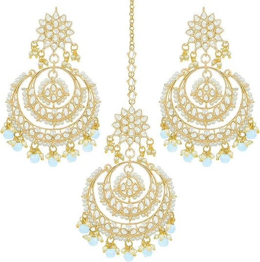 Aheli Bollywood Ethnic Chandbali Style Big Earrings Maang Tikka Set Traditional Fashion Jewelry Gift for Women