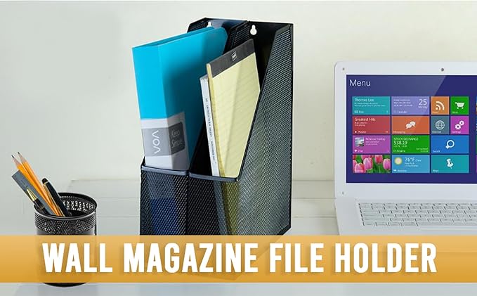 YBM HOME Wall Magazine Holder and Desk Organizer Rack Keeps Up to 20 Magazines Upright, Steel Mesh Magazine Desk Organizer and File Storage for Home and Office - Black